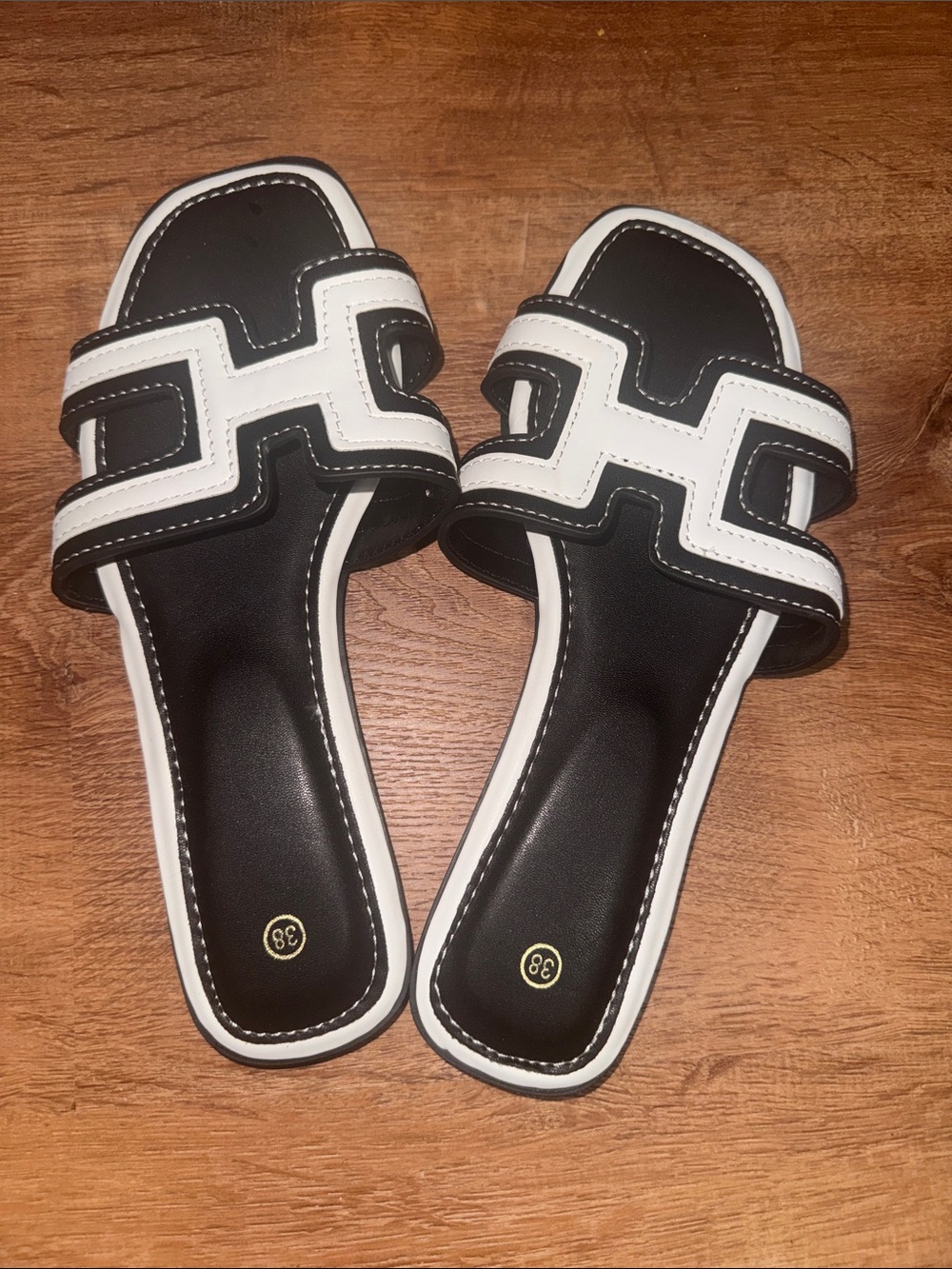 Black and White H-Strap Flat Slide Sandals - Size 38 (US 7.5/8)